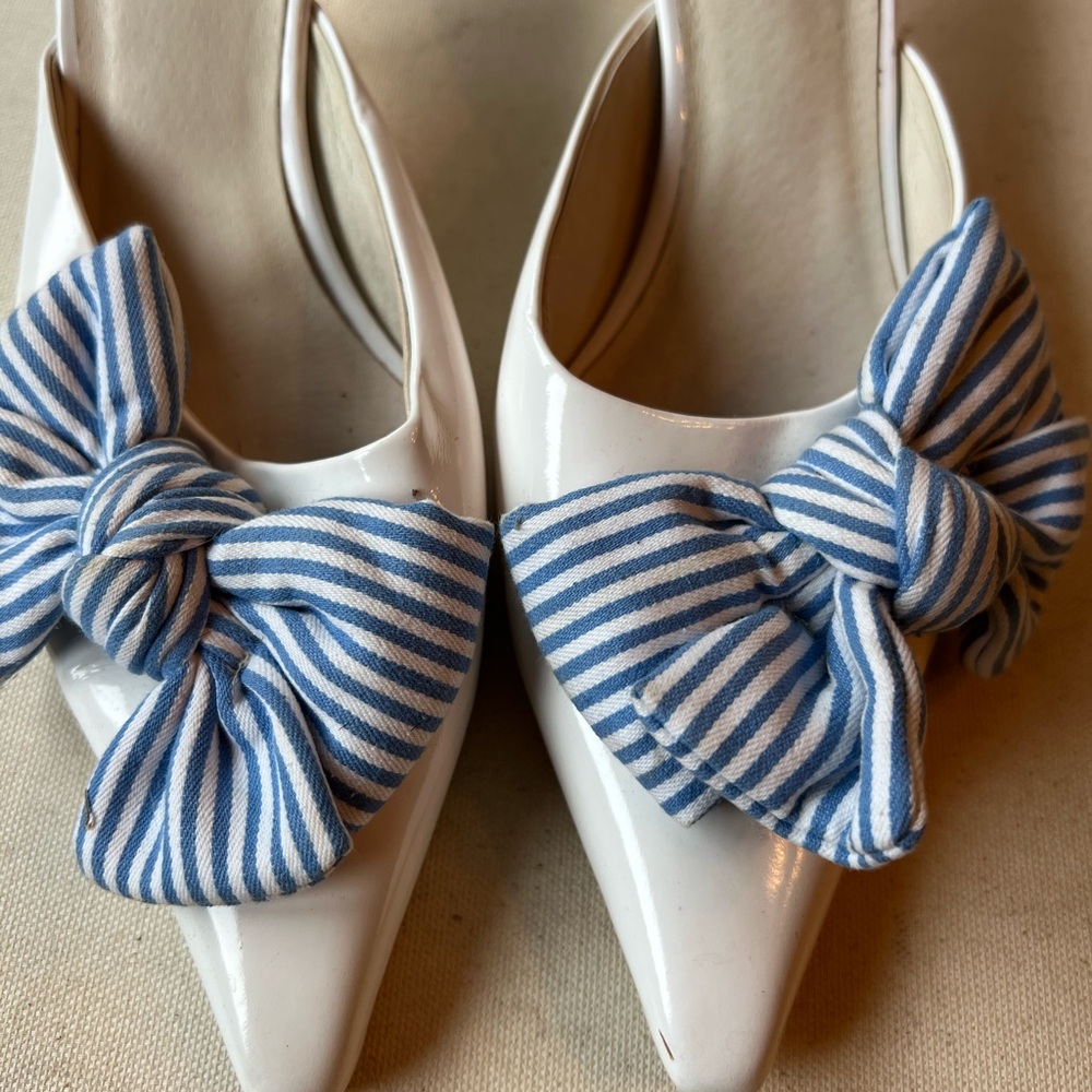 Jeffrey Campbell Adorn White Heels with Blue Striped Bow - Picture 4 of 5